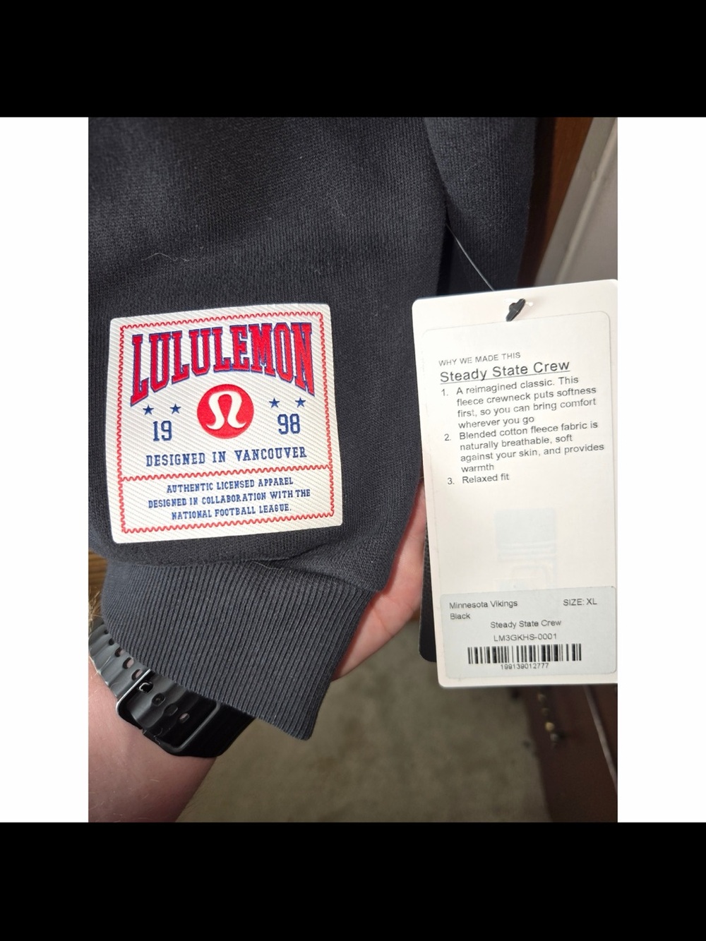 Minnesota Vikings Lululemon Steady State Crew Black Sweatshirt XL - Picture 3 of 6